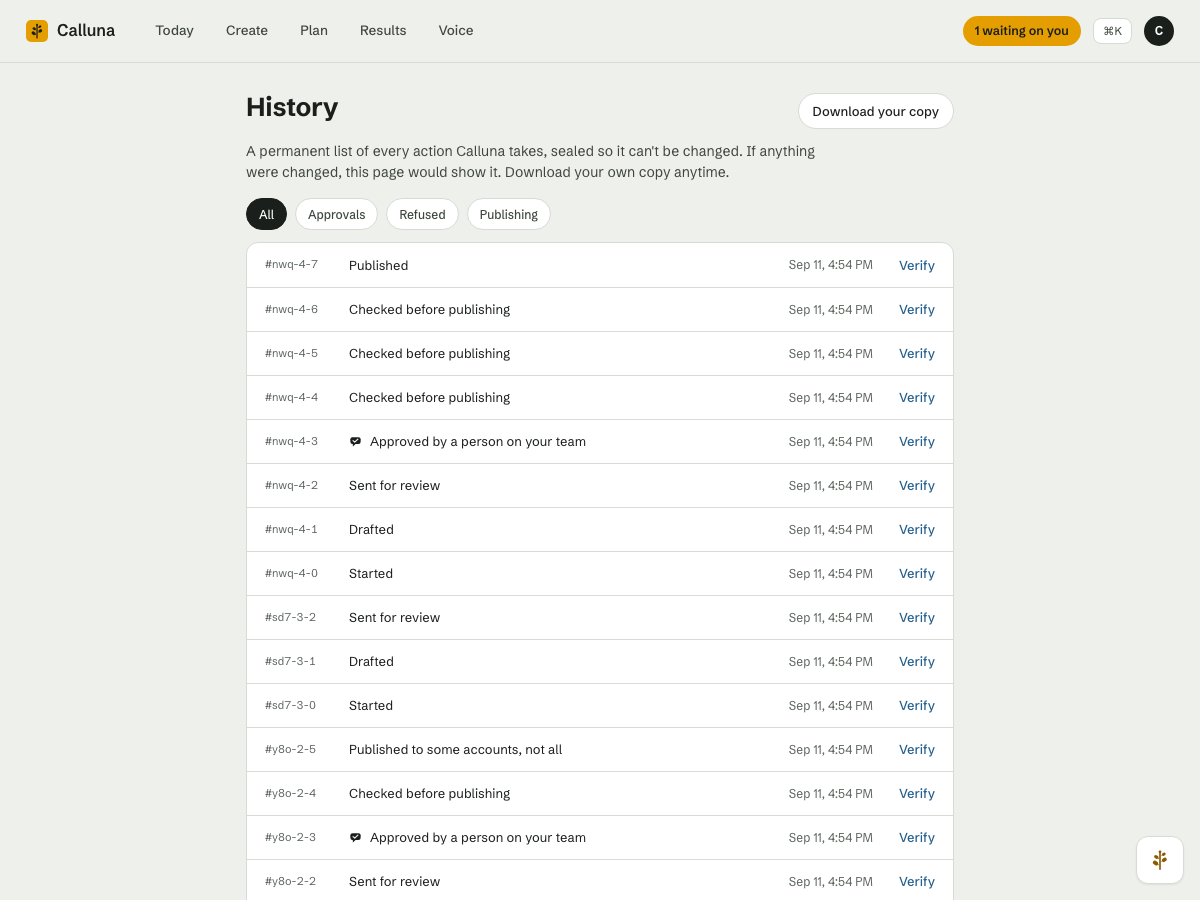 The record: every action listed with its receipt