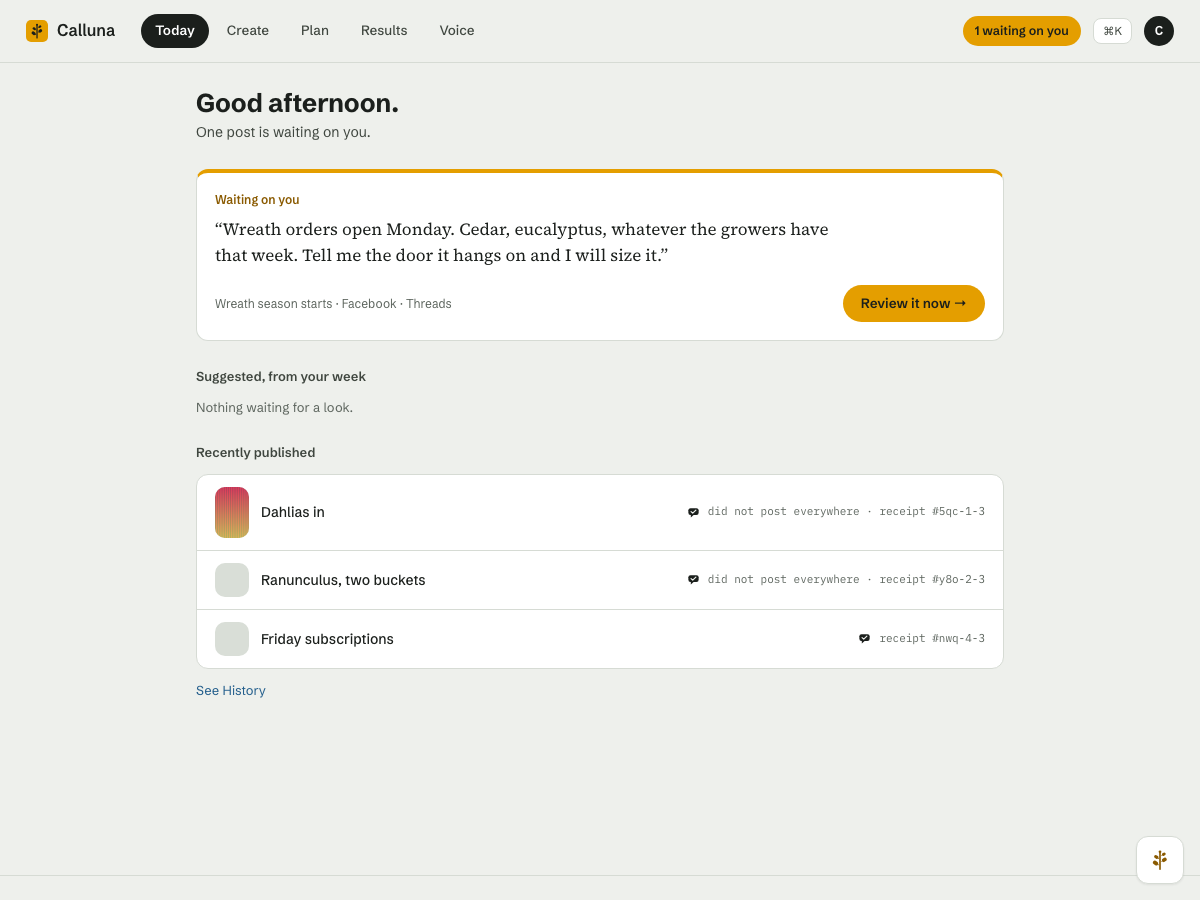 The Today screen: one post waiting for review